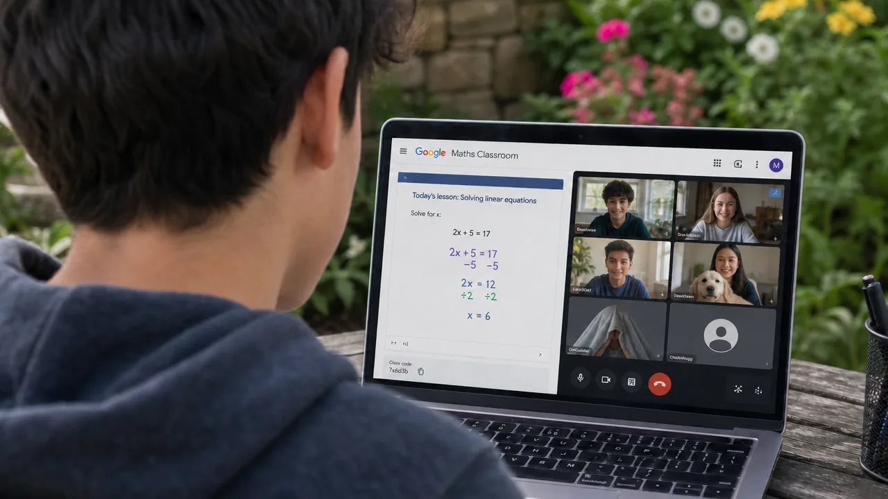 A teenage learner takes part in a live online maths lesson; classmates appear in the call grid in different ways — some on camera, one with a pet in view — reflecting NEO's camera-optional approach.