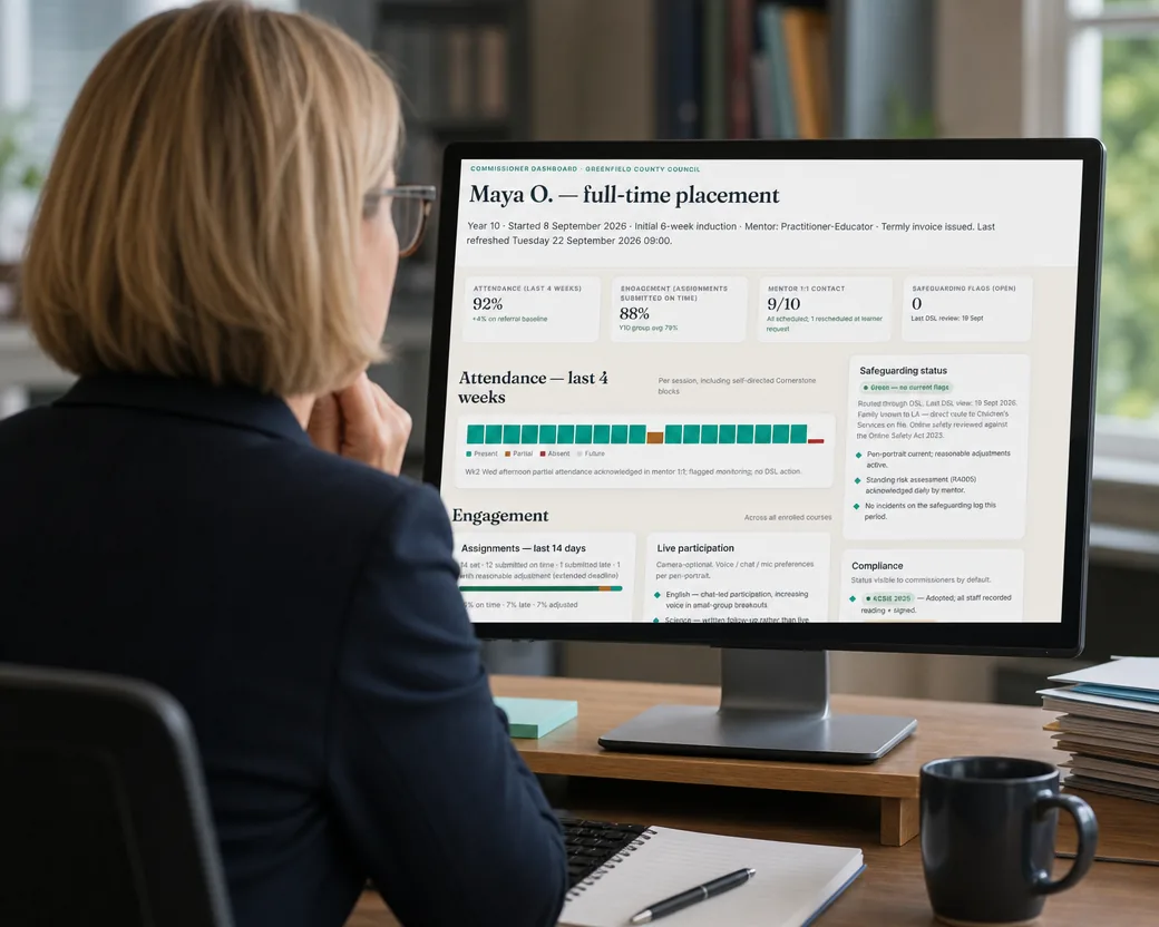 A local authority commissioner reviews a NEO learner's attendance, engagement and progress dashboard at her desk.