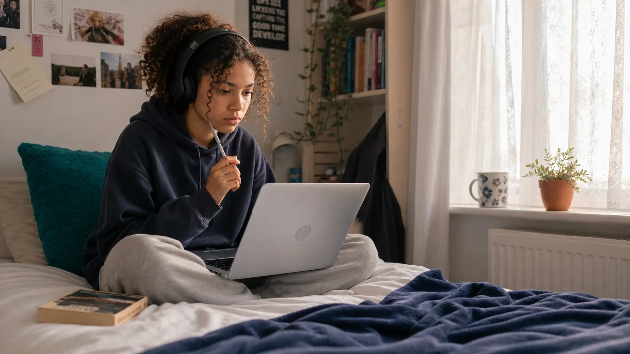 A teenage learner in headphones works on her laptop, sitting cross-legged on her bed at home.
