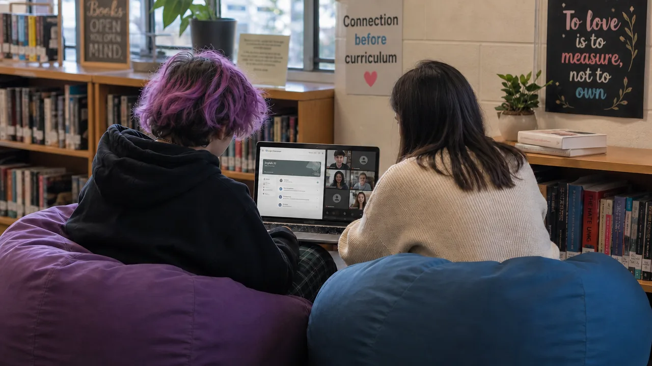 Two teenage learners sit on beanbags, viewed from behind, sharing a laptop during a live online lesson in a quiet library; the call grid includes a few cameras-off avatar tiles, and posters on the shelves behind them carry messages about connection and care.