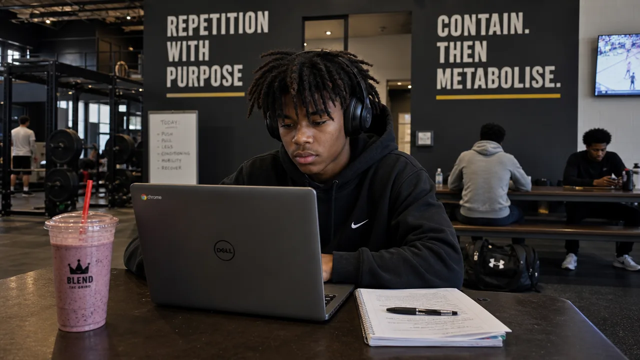 A NEO learner works on a laptop in a gym training facility, a smoothie cup beside them. The wall behind them reads "Repetition with purpose" and "Contain. Then metabolise."
