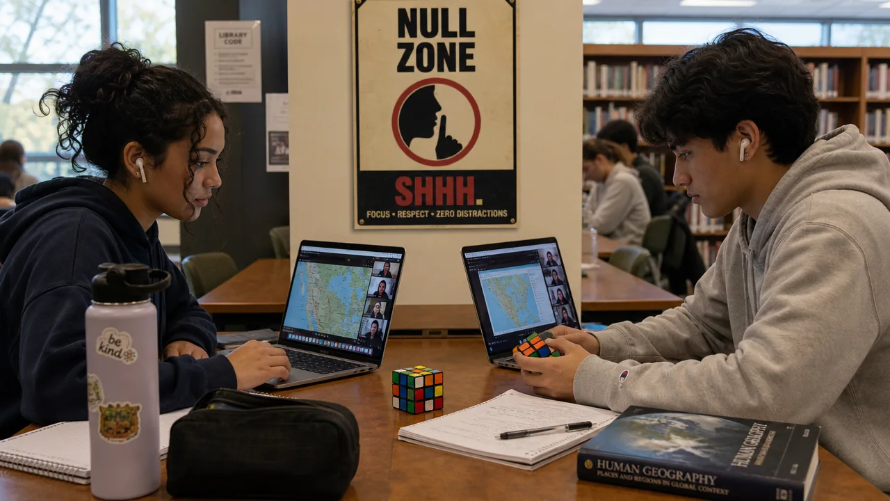 Two NEO learners work side by side at a library table, both on laptops, with a Rubik's Cube on the desk between them. A "Null Zone" quiet-study sign hangs on the wall behind them.