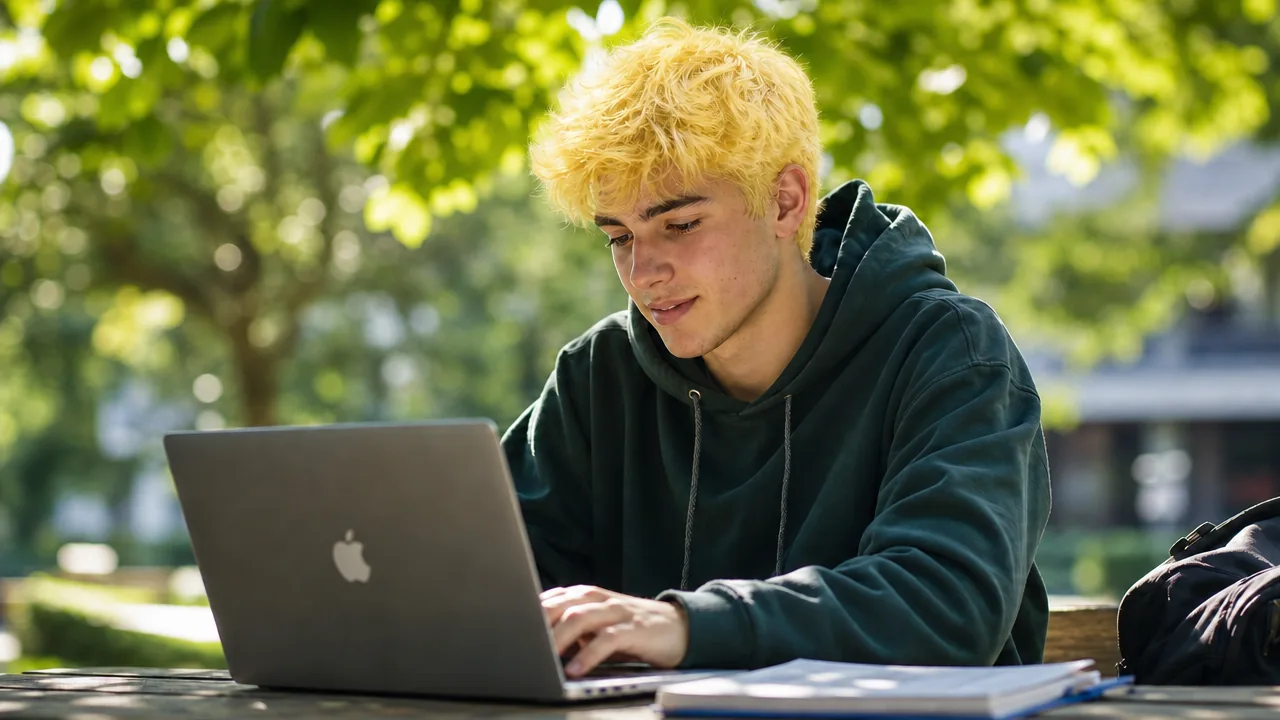 A NEO learner sits in a sunlit park, working on a laptop with green trees behind.