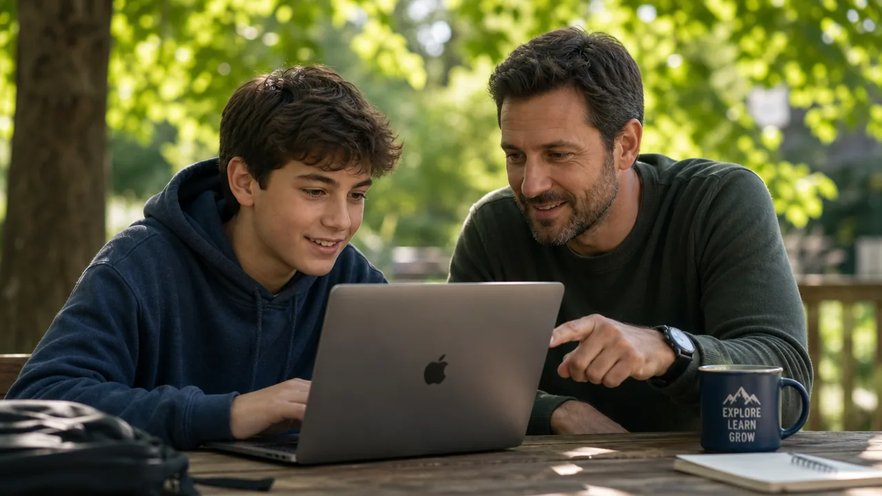 A NEO practitioner sits with a teenage learner at a laptop, talking warmly through what's on screen.