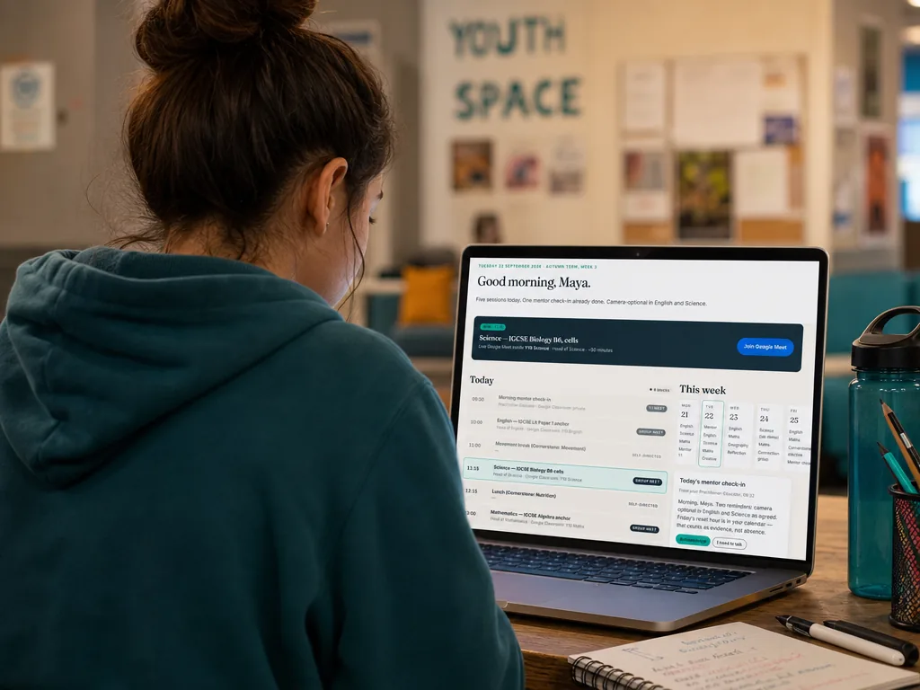 A learner reviews her personal NEO dashboard on a laptop, showing her timetable and weekly progress at a glance.